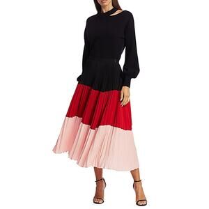 Akris Punto Colorblock Plissé Pleated‎ Midi Skirt Red Pink Size 10 FLAW